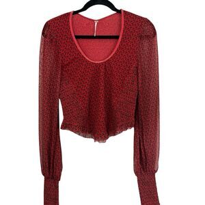 Free People Dottie Knit Top Sz Medium Smocked Red Print Long Sleeves Scoop Neck